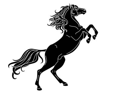 Şablon, logo ya da piktogram için uzun yelesi ve kuyruk vektör silüeti olan bir at. Şablon ya da yazdırma için at silueti.