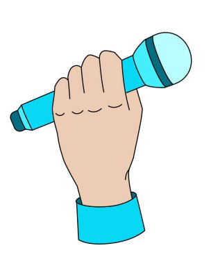 Elinde bir mikrofon. Üzerinde mikrofon tutan gömlek manşeti olan bir el. Renkli bir vektör resmi. Mavi gömlekli bir el mikrofonu tutar..