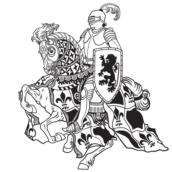 Рыцарь на коне черно-белый — стоковый вектор
