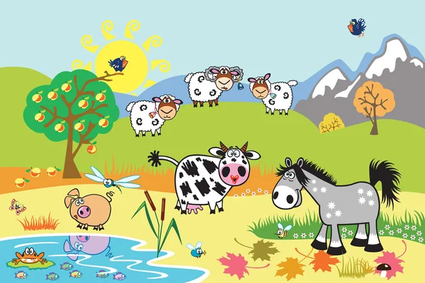 Illustration cartoon farm animals — Stock Vector