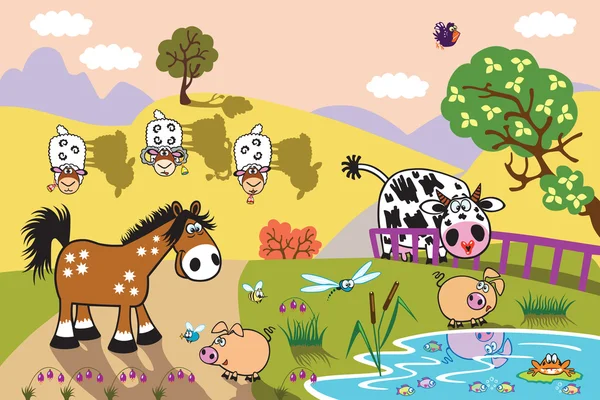 Cartoon farm animals in the pasture at evening — Stock Vector