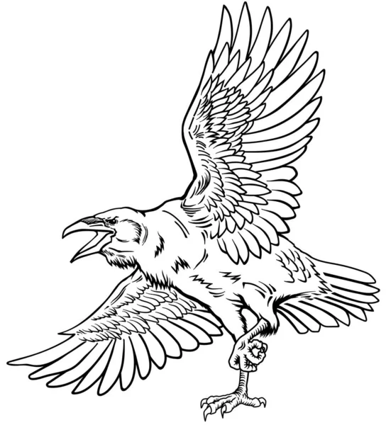 Uçan Bir Kuzgun Uçan Büyük Kuş Elle Çizilmiş Karga Dövme — Stok Vektör