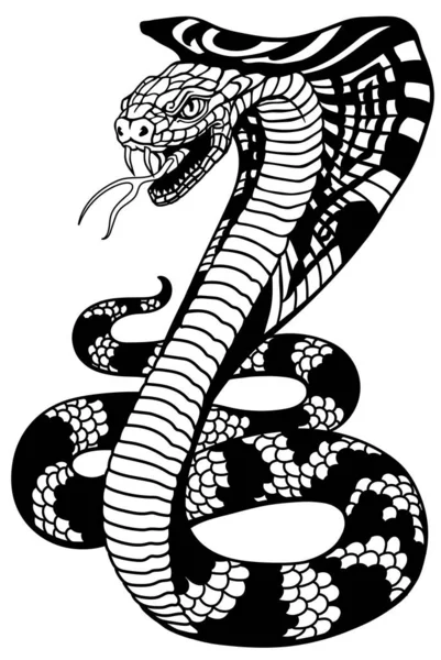 眼镜蛇毒蛇处于防御位置 攻击姿势 黑白纹身风格矢量插图 — 图库矢量图片