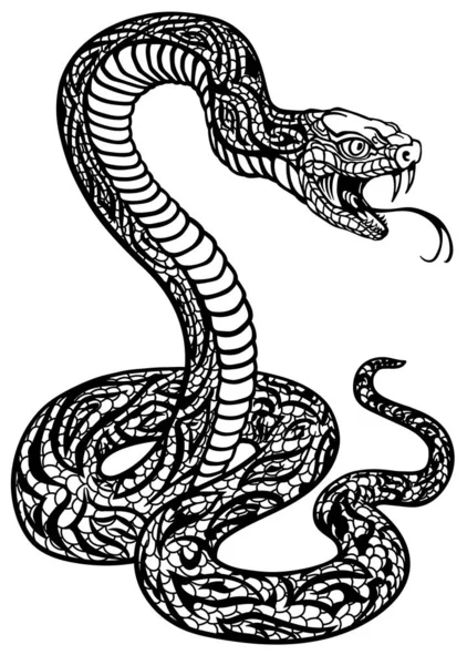 Poisonous Snake Defensive Position Attacking Posture Black White Tattoo Style — Stock Vector