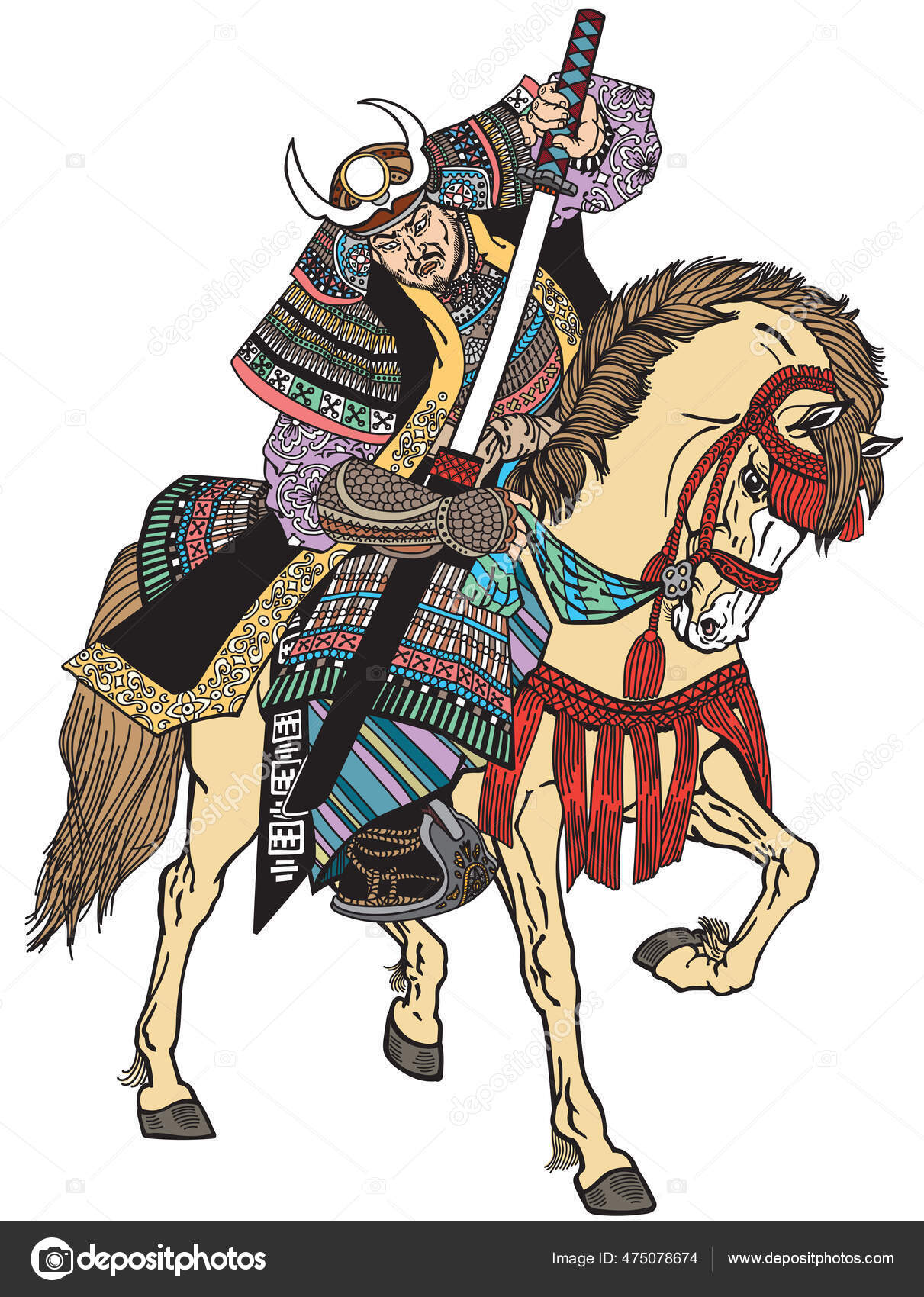 中世の革製の鎧を着て刀を持って馬に乗って座っている日本の武士 中世の革製の鎧を着て刀を持って馬に乗って座っている日本の武士