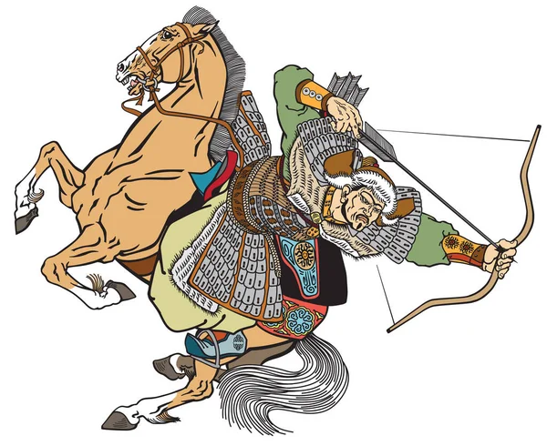 Guerrier Archer Mongol Cheval Sur Cheval Poney Tirant Arc Une — Image vectorielle