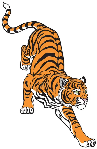 Lugn Tiger Klättrar Ner Tatuering Stil Vektor Illustration — Stock vektor