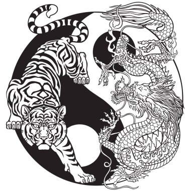 Yin yang 'ın uyum ve denge sembolünde kaplan Çin ejderhası enerjisine karşı. Siyah beyaz dövme. Grafiksel biçim vektör illüstrasyonu 