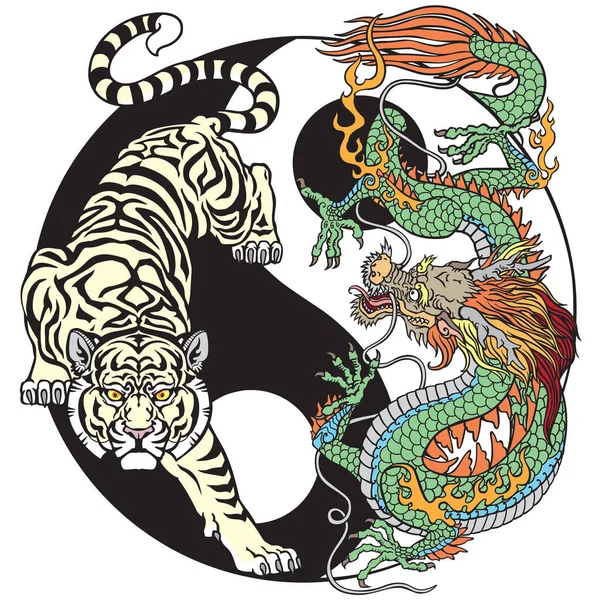 Λευκή Τίγρης Εναντίον Πράσινου Δράκου Ενέργειας Στο Yin Yang Σύμβολο — Διανυσματικό Αρχείο