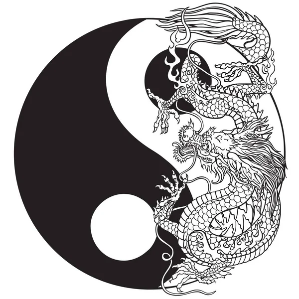 Traditioneller Chinesischer Oder Ostasiatischer Drache Und Yin Yang Symbol Für — Stockvektor