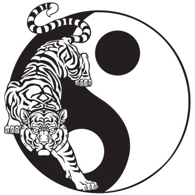 Yin yang 'daki kaplan uyum ve dengenin sembolü. Siyah beyaz dövme. Grafiksel biçim vektör illüstrasyonu 