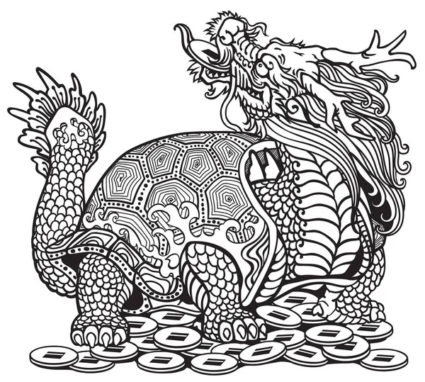 Tartaruga Drago Seduto Sacco Monete Creatura Mitologica Cinese Feng Shui — Vettoriale Stock