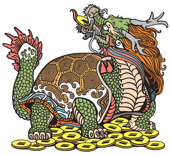 Dragon Turtle Tortoise Κάθεται Πολλά Νομίσματα Μυθολογικό Κινέζικο Πλάσμα Ουράνιο Διανυσματικά Γραφικά