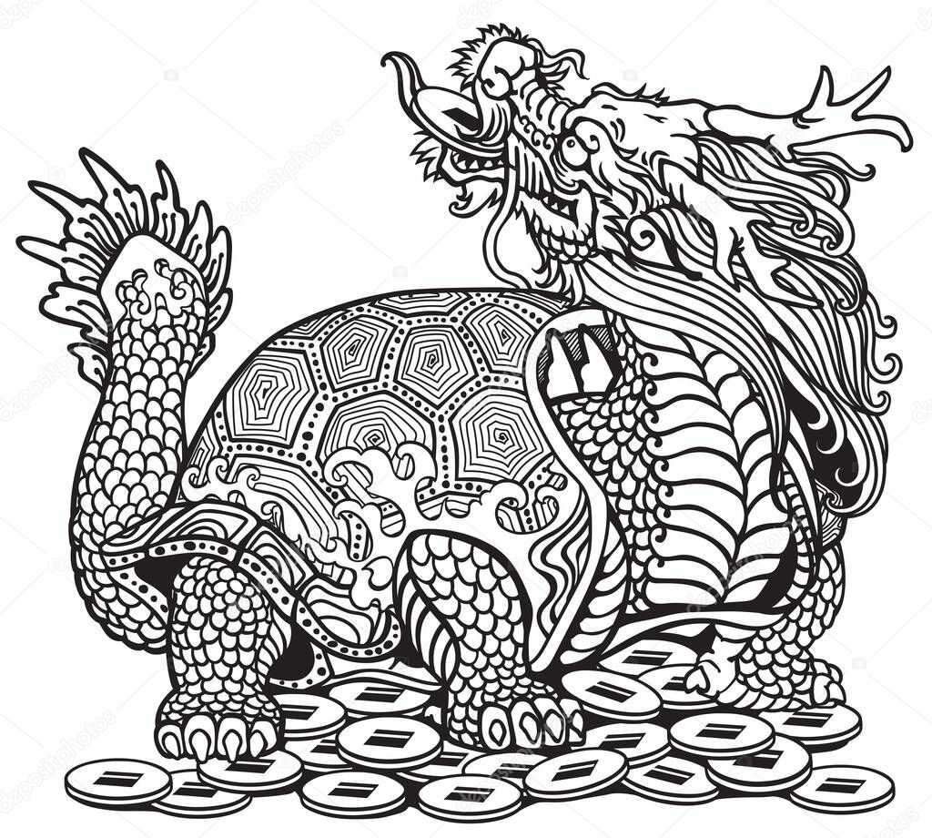 Dragon Turtle Tortoise sitting on a lot of coins. Mythological Chinese creature. Celestial Feng Shui animal. Black and white isolated vector illustration