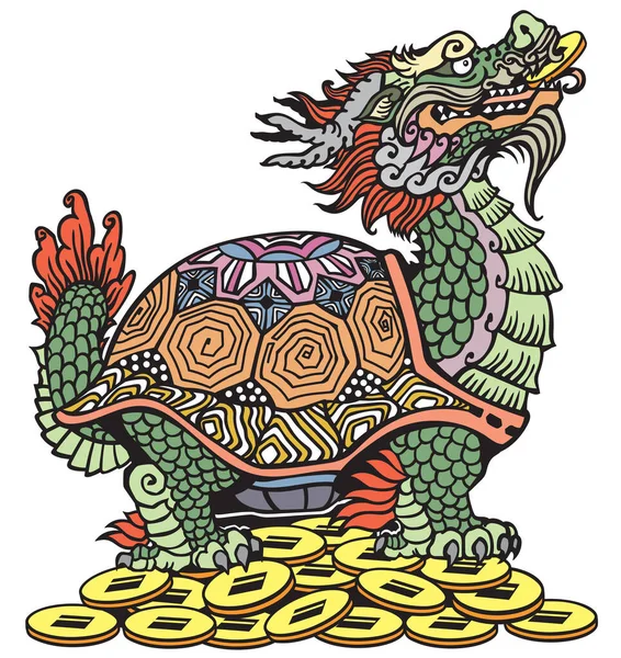 Tortuga Dragón Tortuga Sentado Montón Monedas Criatura Mitológica China Animal — Vector de stock