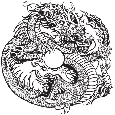 Dragon holding pearl black white clipart