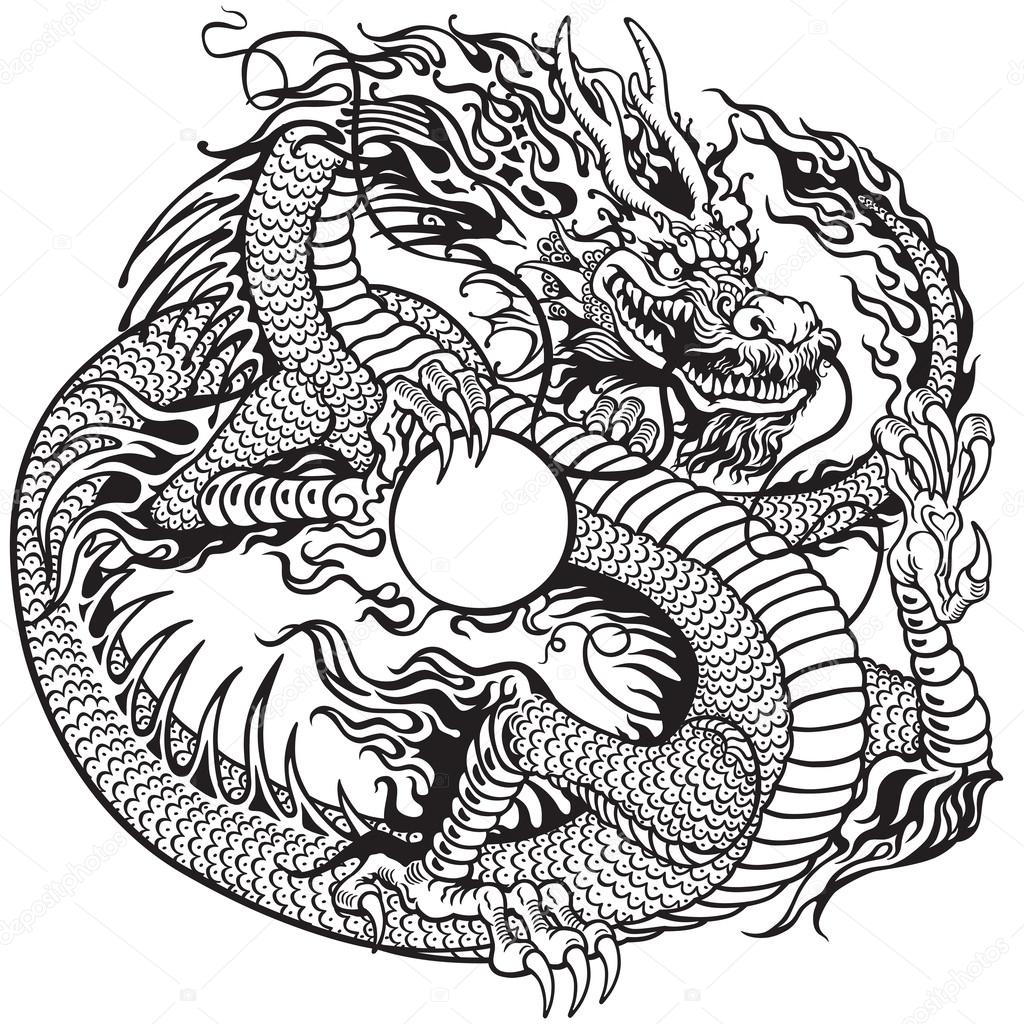 Dragon holding pearl black white
