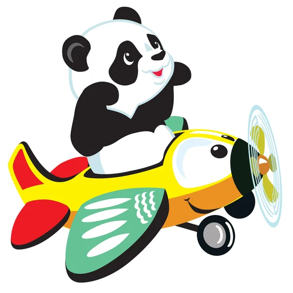 Panda de dibujos animados volando con avión — Vector de stock