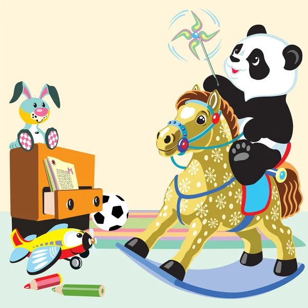 Desenhos animados panda montando um cavalo de balanço — Vetor de Stock