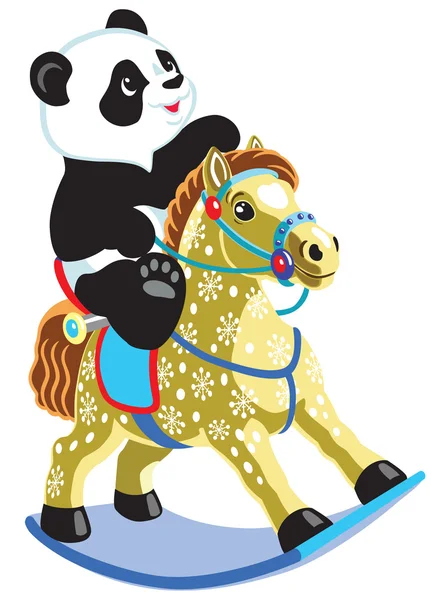 Panda van de tekenfilm paardrijden een schommelpaard — Stockvector