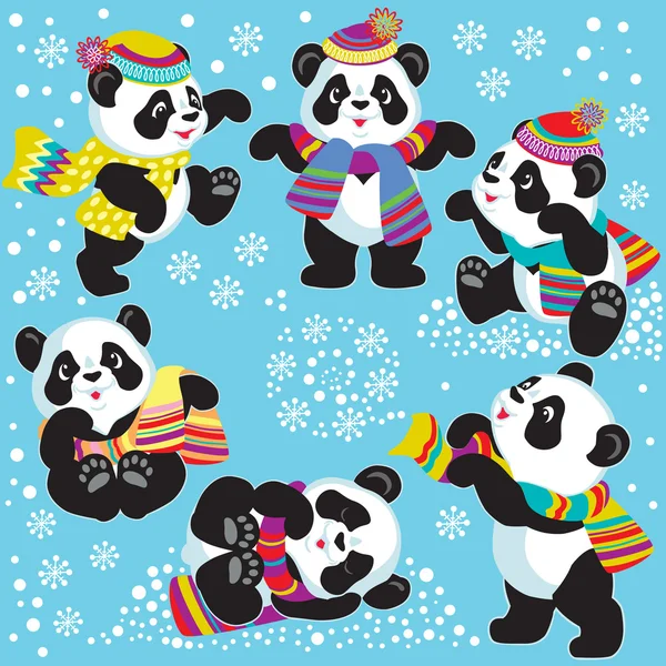 Set with cartoon panda in winter — Stock Vector