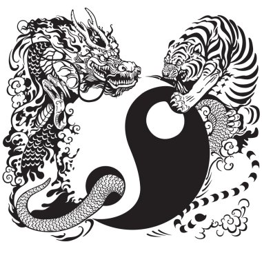 Yin yang sembolü ile ejderha ve kaplan