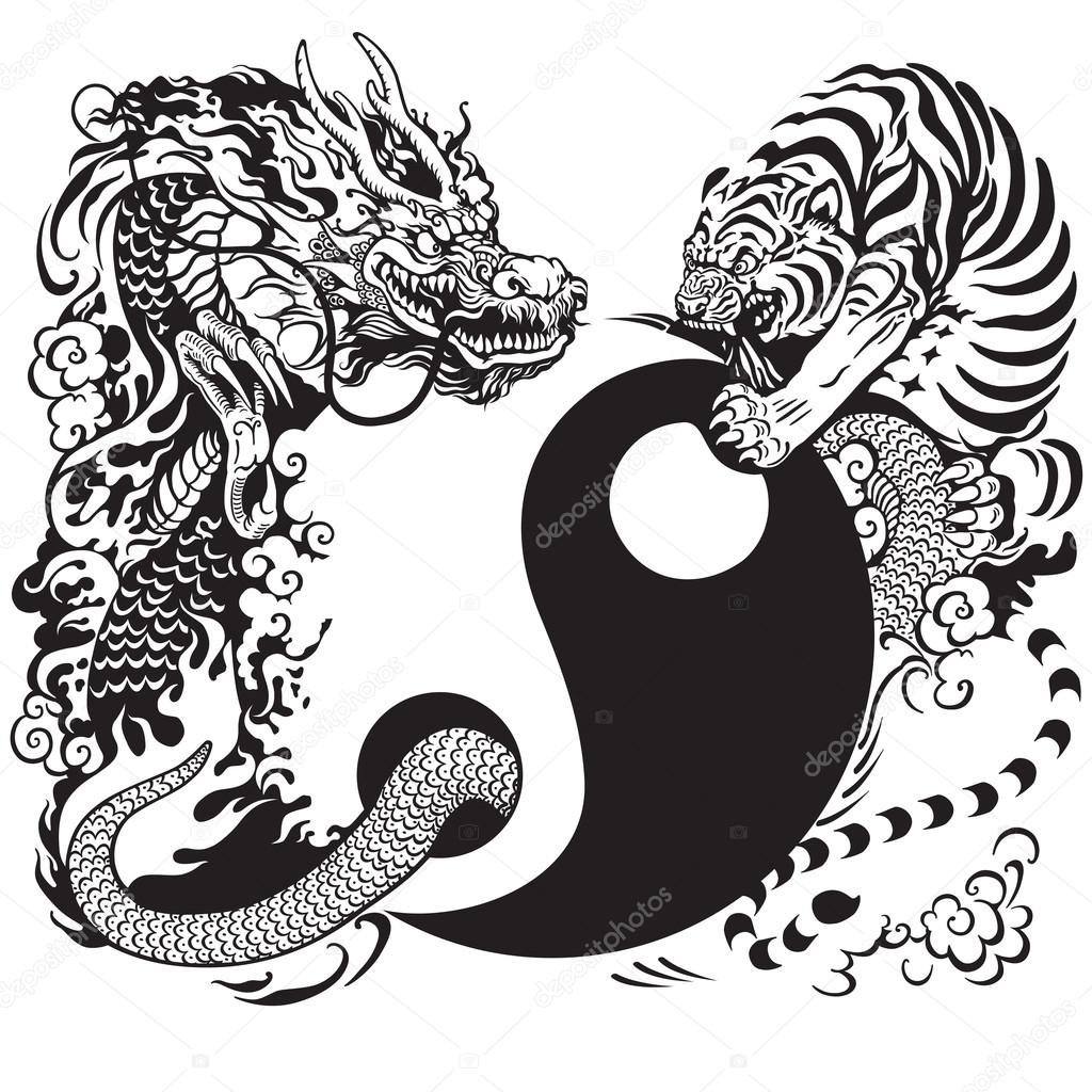 Yin yang symbol with dragon and tiger