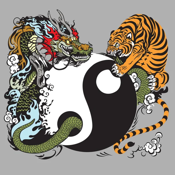 Yin Yang Symbol mit Drachen und Tiger kämpfen — Stockvektor