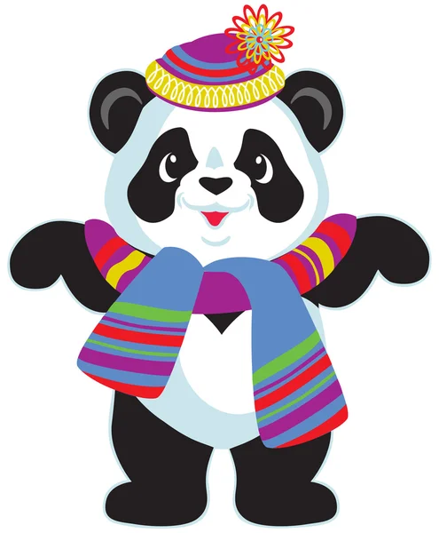 Desenhos animados panda usando cachecol e chapéu — Vetor de Stock