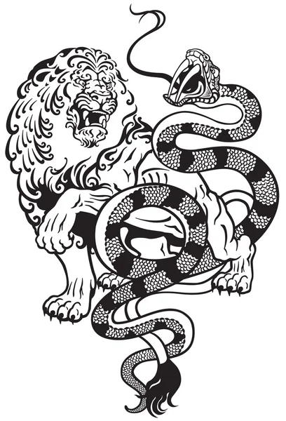 Leeuw en slang — Stockvector