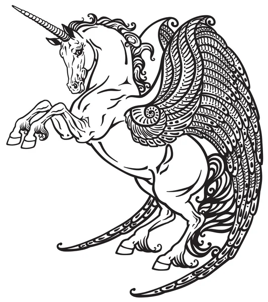 Unicornio alado blanco y negro — Vector de stock