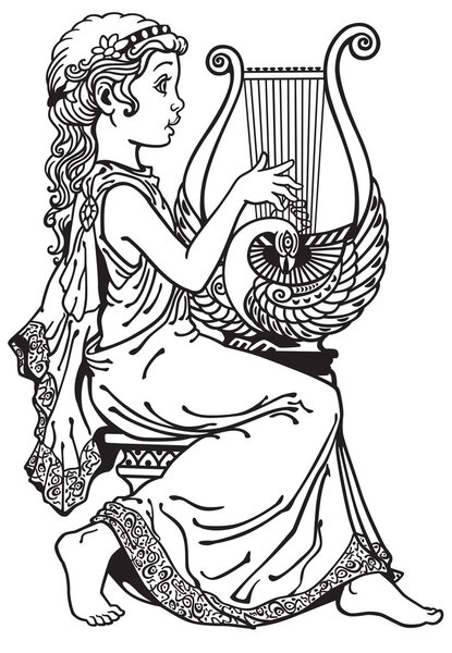 girl playing lyre black and white