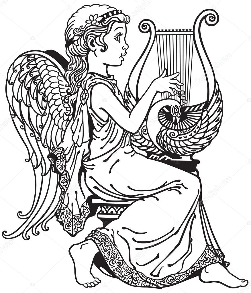 girl angel playing lyre black and white