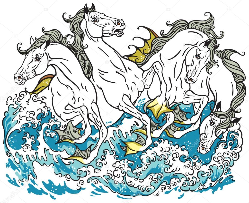 four mythological seahorses