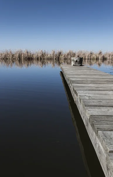 Trä brygga eller piren i en blå vatten dammen — Stockfoto