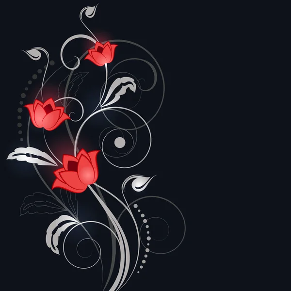 Fond noir abstrait avec ornement de fleurs blanches et rouges . — Image vectorielle