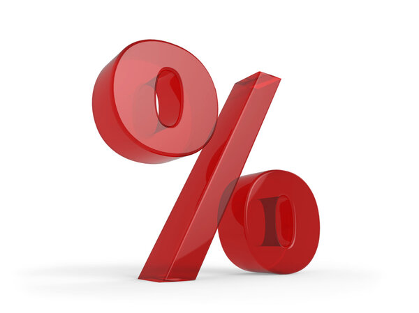 3D red glass percent sign isolated on white.