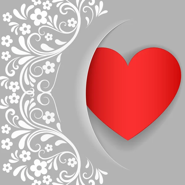 Tarjeta gris de San Valentín con forma de corazón rojo y flor blanca p — Vector de stock