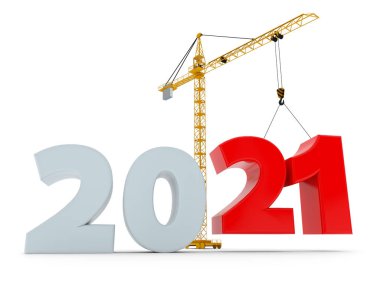 Yeni 2021 yılı inşaat arka planında, kule vinci 20 haneli kırmızı bir rakam belirliyor. 3 boyutlu görüntüleme. 2020 yıllık takvim tasarımı.