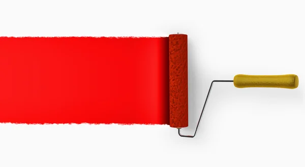 Rodillo de pintura que cubre la pared con fondo de color rojo . — Foto de Stock