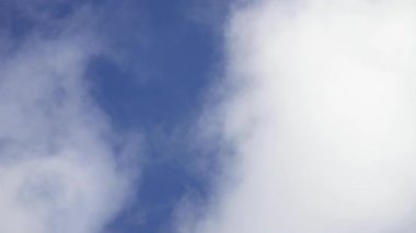 Hafif dumanlı bulutlar rüzgarlı bir günde parlak mavi bir gökyüzünde hareket eder. Kararsız sakinliği ve atmosferin doğal ritmini çağrıştıran sürekli değişen şekiller oluşturur..