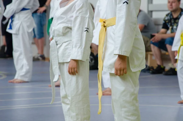 Allenamento Karate Bambini Stanno Dritto Attesa Sforzo — Foto Stock