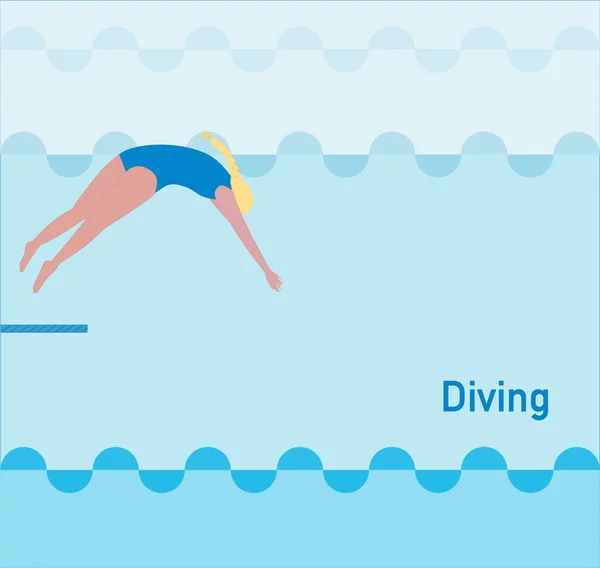 Woman character dives.  Water sports concept. Female wearing blue swimming suit jumping in water. Modern style. Vector flat illustration.