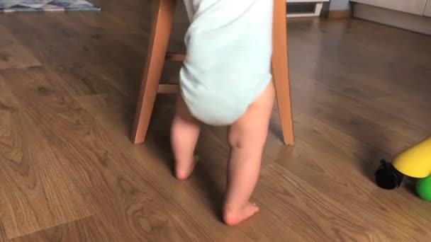 Bebé Aprende Caminar Con Una Silla Casa Vista Desde Atrás — Vídeo de stock