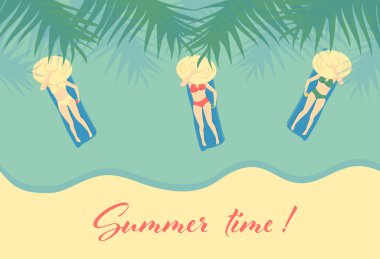 Mavi denizde yüzen yataklar üzerinde mayolu üç kızın olduğu vektör illüstrasyon dikey kartı, üst manzara. Yaz tatili.!