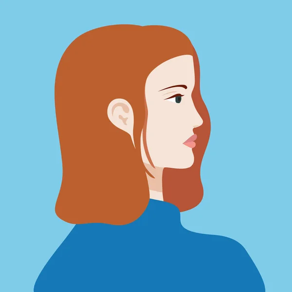 Portrét Rudovlasé Ženy Modrém Sweteru Hlavu Evropské Dívky Profilu Sociální — Stockový vektor