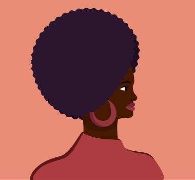 Afrikalı bir kadının şık bir portresi. Şehvetli saç stili olan esmer tenli kadının başı. Vektör düz resimleme