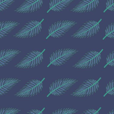 Palmiye yaprakları. Tropik, pürüzsüz arka plan deseni. Kumaşlar, ambalajlar, kapaklar, posterler, arka planlar için uygun yeşil ve mavi renkli palmiye yapraklarıyla grafik tasarımı