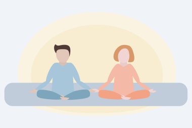 Erkek ve kadın birlikte meditasyon yaparlar. Yoga, meditasyon, dinlenme, dinlenme, dinlenme ve sağlıklı aile hayatı için vektör çizimi kavramı. Basit, düz çizgi film tarzı.