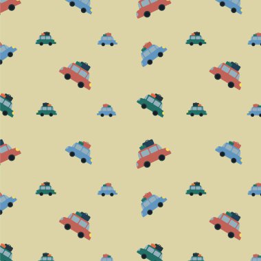 Otobüs, uçak, araba, tren, açık sarı zemin üzerinde gemi olan kusursuz vektör deseni. Tekstil, ambalaj kağıtları, arka planlar için çocuk deseni.